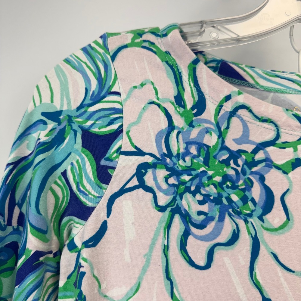 Lilly Pulitzer XL 12-14 Floral Ruffle Sleeve Shift Dress Blue Green Pink Jersey - Picture 7 of 12